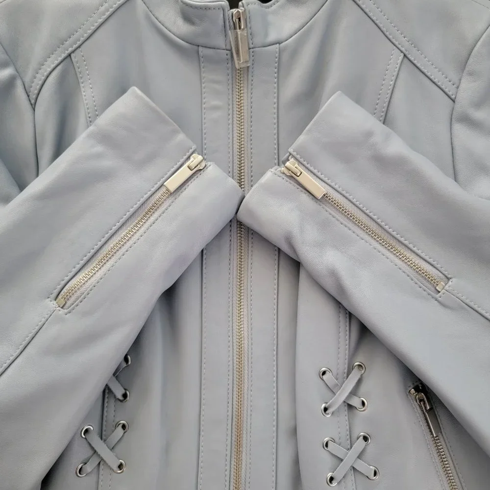 Neiman Marcus Light Blue Leather Lace-Up Moto Leather Jacket - Picture 13 of 16